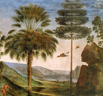 Uomo appoggiato a un bastone, uccelli in volo, alberi, rocce, un lago e una città lontana con guglie, (dettaglio) da Pietro Perugino